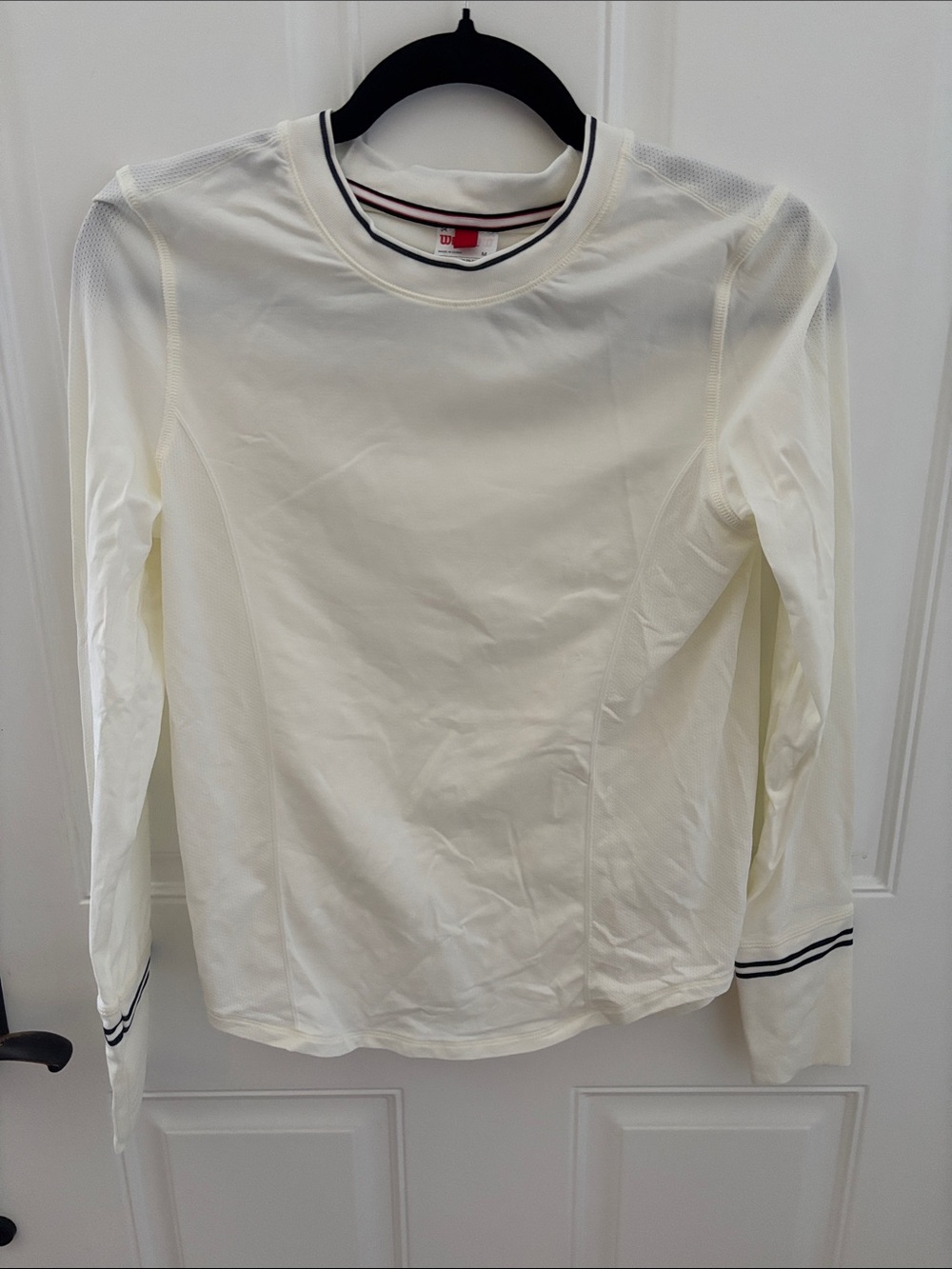 Wilson Cream Long Sleeve Performance Tee with Navy Stripe Cuffs